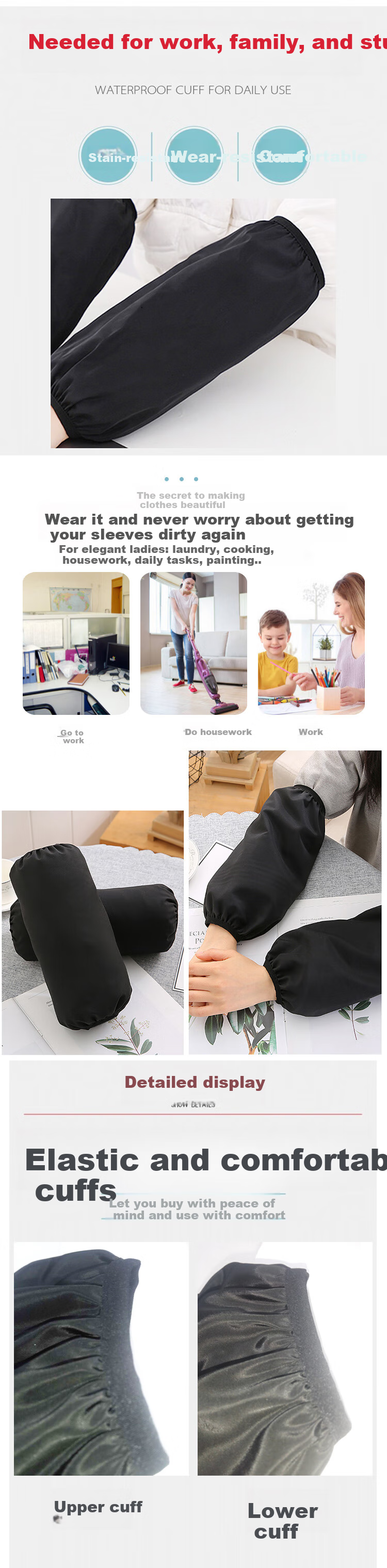 Chaoji Jia Pin Leather Arm Sleeves, Waterproof And Oil-Resistant Work Sleeves, Protective Kitchen And Household PU Arm Guards, Thickened Black Soft Leather Women's 3
