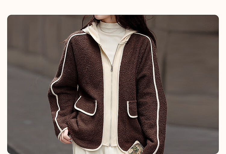 Demana Twilight Traveler Winter Urban Sports Hooded Eco-Friendly Colorblock Faux Shearling Patchwork Slimming Women's Short Jacket 3