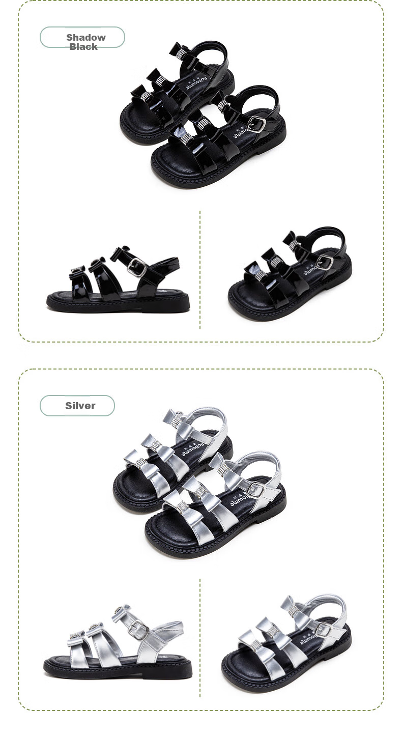 Follow Me Girls' Sandals, Summer New Fashionable Princess Shoes, Soft-Soled Roman Shoes for Older Children, Shadow Black, Size 31 6