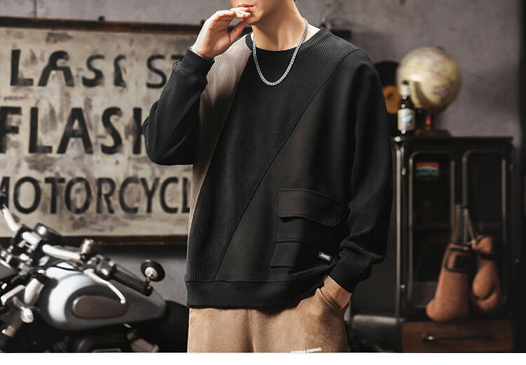 JEEP Men's Sweatshirt, Autumn And Winter Heavyweight Base Layer, Loose Chenille Top, Color-Block Menswear, Khaki, 2XL 11
