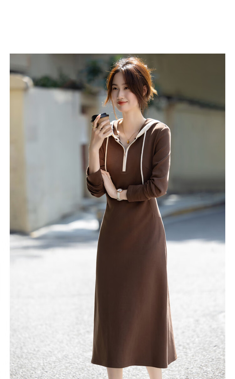 Dme [Shudan 280G Air Layer] Autumn Contrasting Color Hooded Split Pleated Waist-Cinching A-Line Women's Dress 1