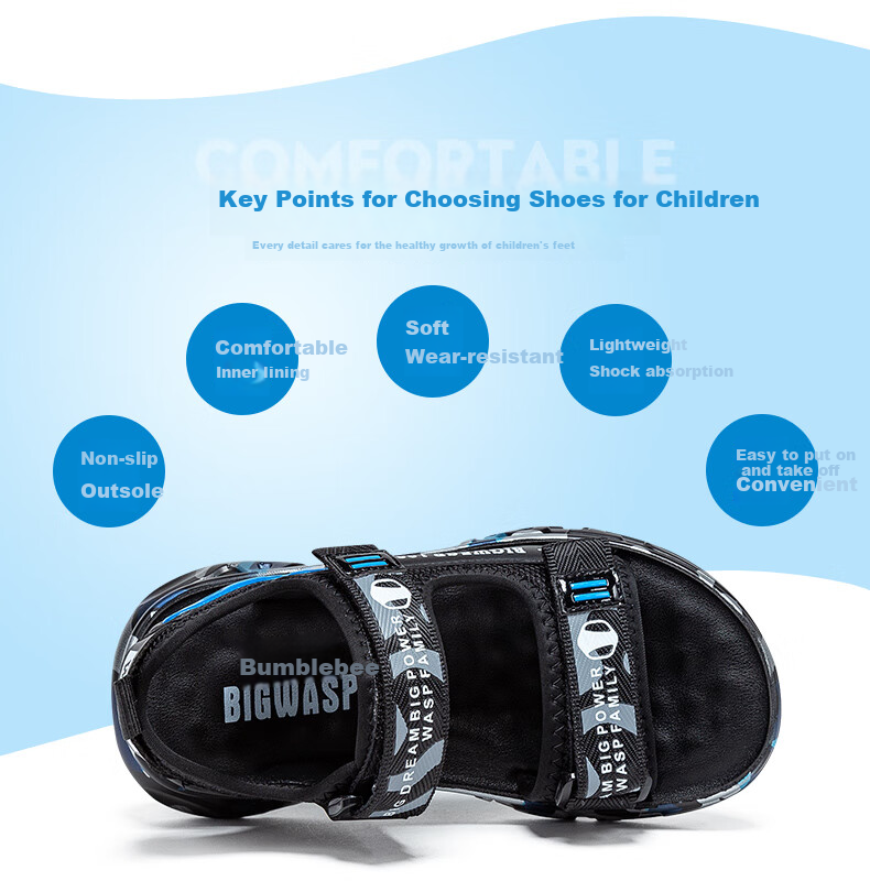 Bumblebee Kids Shoes Summer Soft Sole Non-Slip Black Blue D331237898 Size 27 for Older Children 5