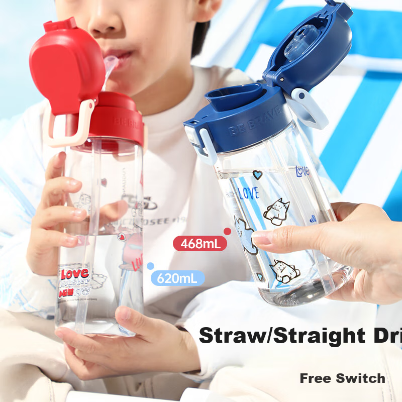 Fuguang Children's Water Bottle, Tritan Student Straw Cup, Portable, for Boys And Girls, Summer Use, Heat-Resistant, Shatterproof Plastic Cup, 468ml