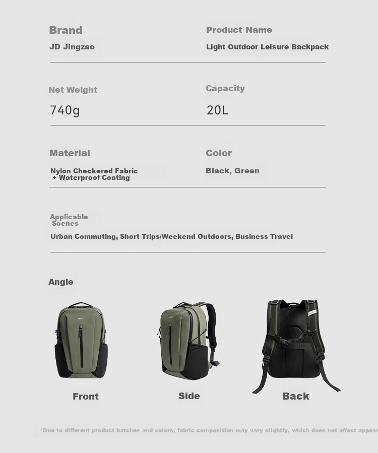 JD Original Outdoor Commute Travel Hiking Backpack, Large Capacity Student Schoolbag, 15.6-Inch Laptop Bag, Black 17