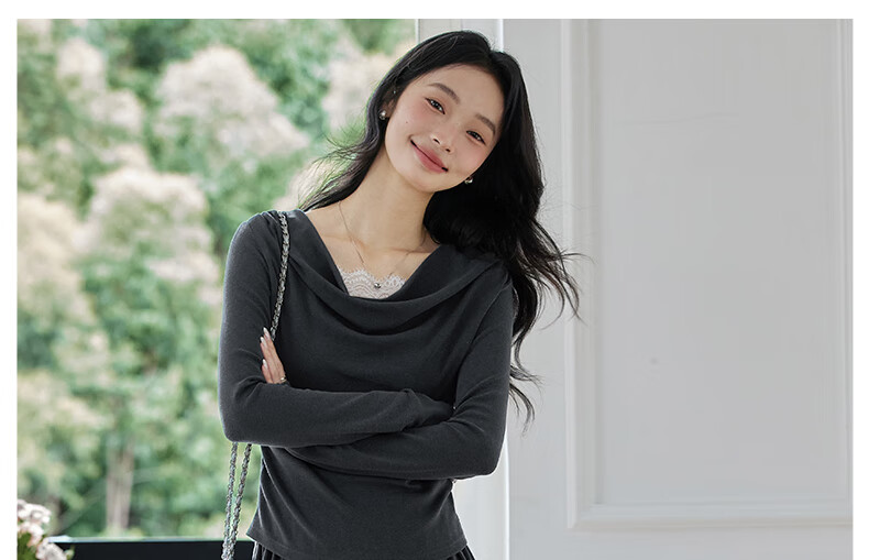 Fansiman Holiday Style Lazy Set Women Autumn New Off-Shoulder Top and Skirt Two-Piece Set Iron Gray XL 2