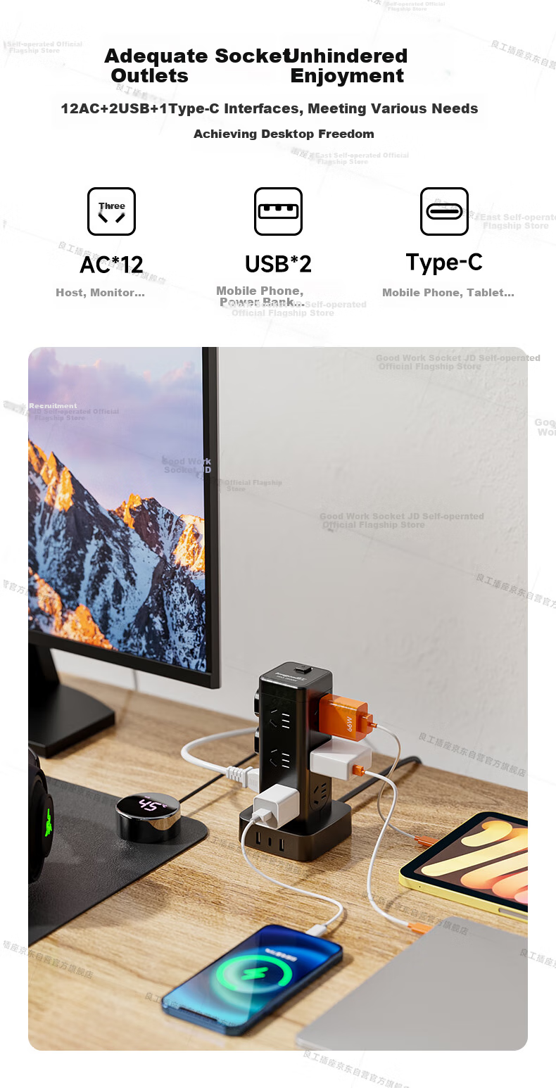 Lengon Magic Cube USB Vertical Power Strip, Master Control with 12 Outlets, 1.7 Meters, Overload Protection, Type-C Power Strip/Extension Cord/Power Board/Surge Protector U1012U-1.7 Black 3