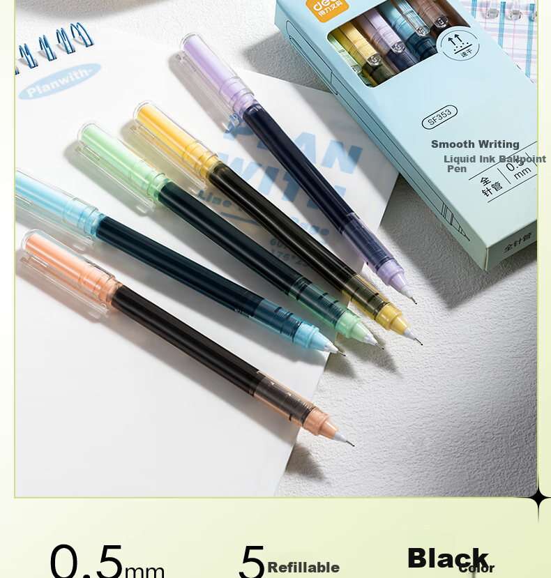 Deli Gel Pen Quick-Drying 0.5mm Full Needle Tube Neutral Pen, Colorful High-Quality Student Exam Writing Pen Rollerball Pen, Black 5 Pens/box SF353 1