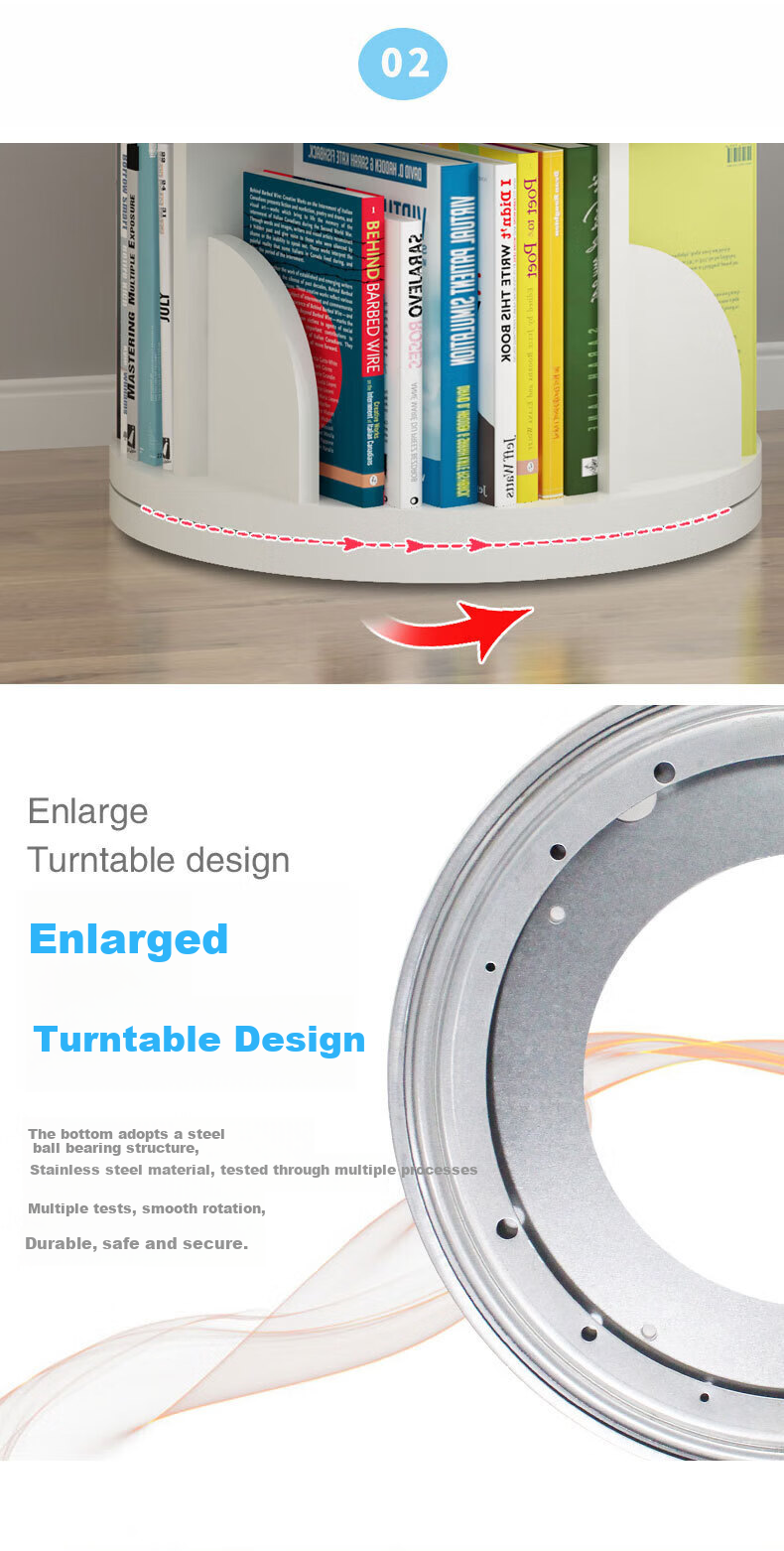 Yijia Rotating Bookshelf, 360-Degree Floor-Standing Student Creative Storage Bookcase, Multi-Layer Organizer Rack, White, Five-Tier 9