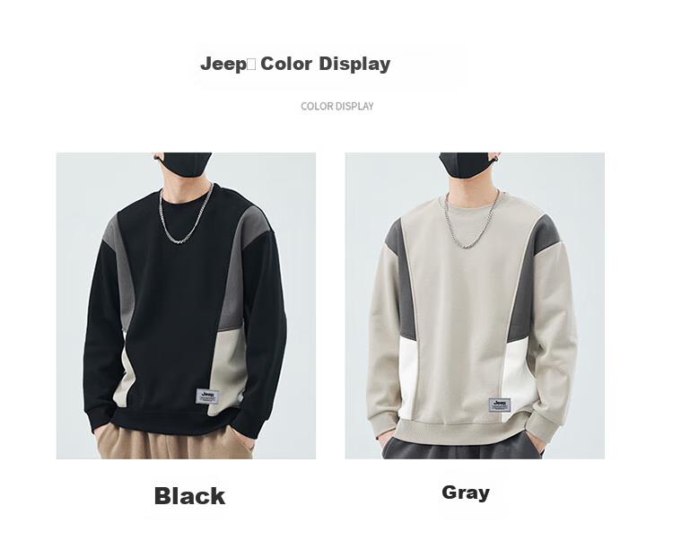 JEEP Men's Sweatshirt, Color Block Design, Heavyweight, Spring And Autumn Long-Sleeve T-Shirt, Loose-Fitting Trendy Base Layer Top, Men's Clothing, Black, 2XL 7