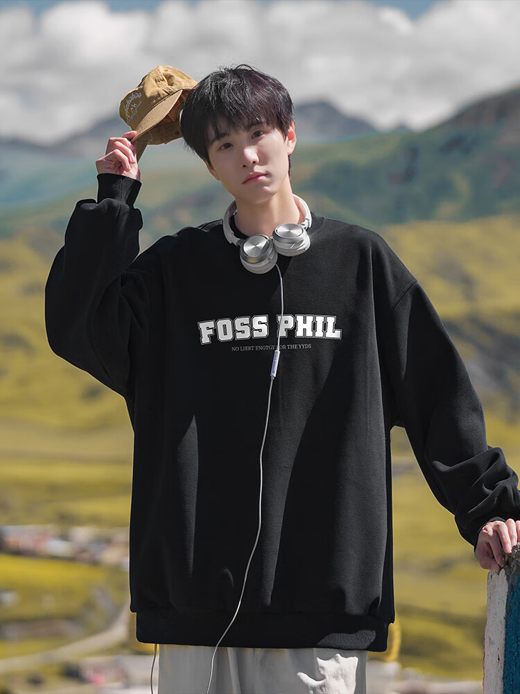Foss Phil Men's Crew Neck Sweatshirt Autumn Winter Long Sleeve Printed Loose Casual Base Shirt FPW2 White M 11