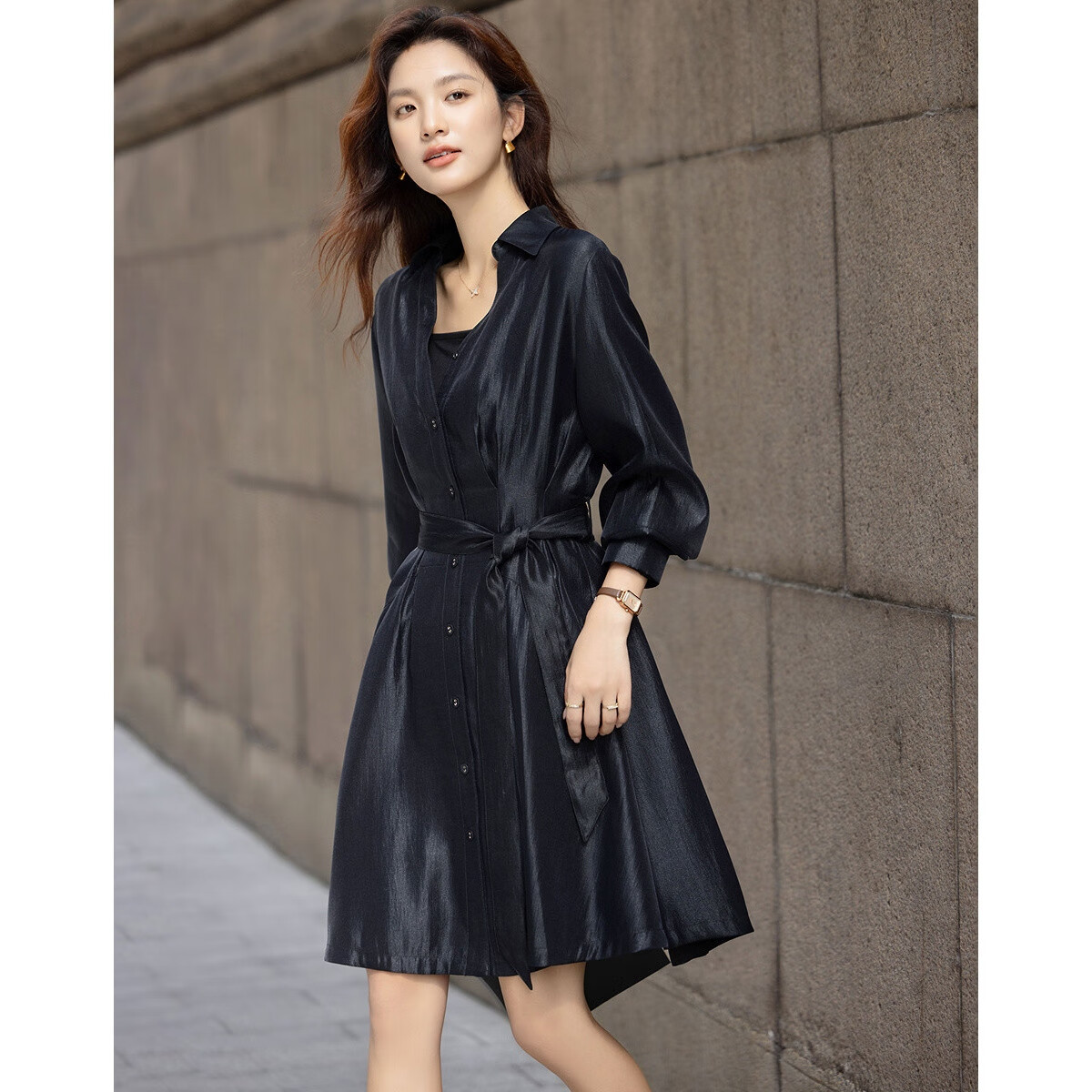 Demana Roaming Sunset Autumn Light Pearl Polo Collar Pleated Waist Long Sleeve Elegant Women's Dress
