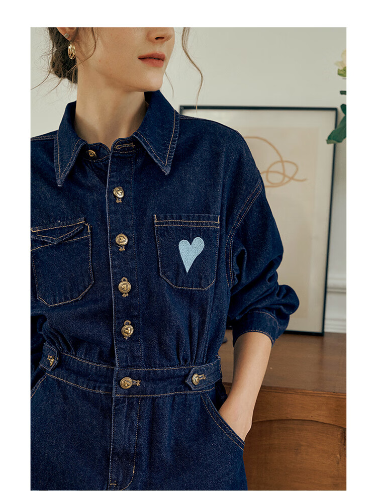 Olrain Eurielle Lapel Denim Dress Women's Autumn Waist-Slim Vintage Petite Dress Prussian Blue L 21