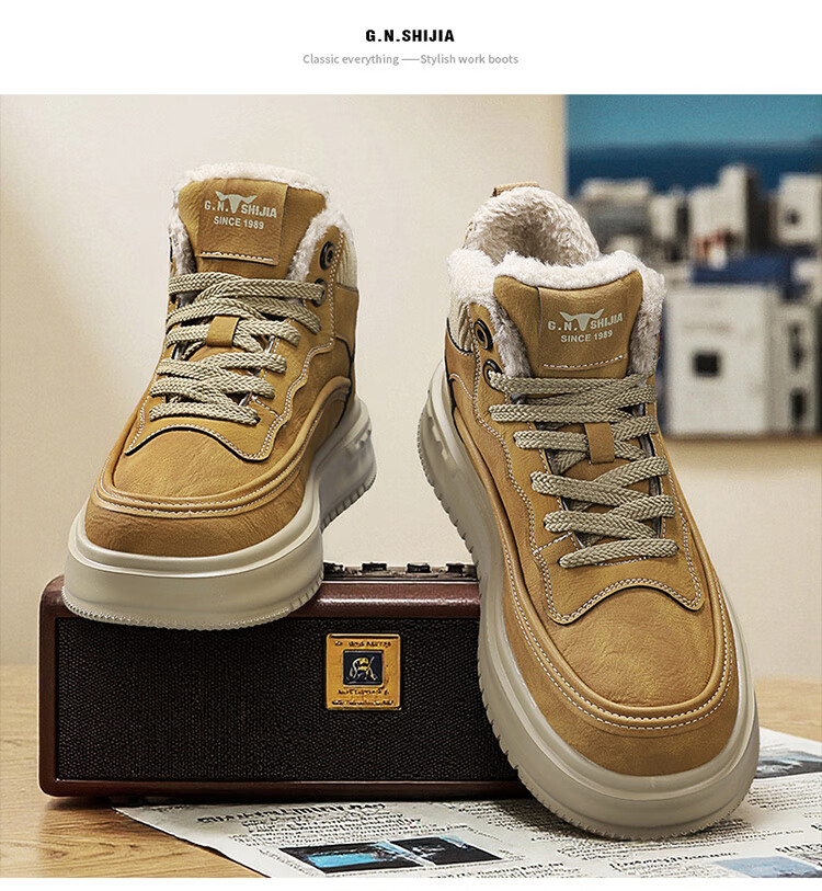 Bull Family Martin Boots Men 2025 Winter New Plush High-Top Work Shoes Men's Thick-Soled Warm Trendy Casual Shoes 15