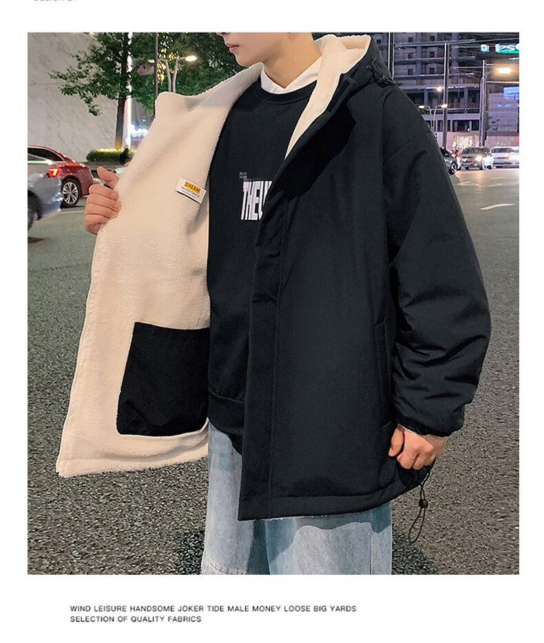 NASA MARVEL Men's Winter Cotton Padded Hooded Jacket Lamb Wool Warm Couple's Puffer Coat Black 3XL 13