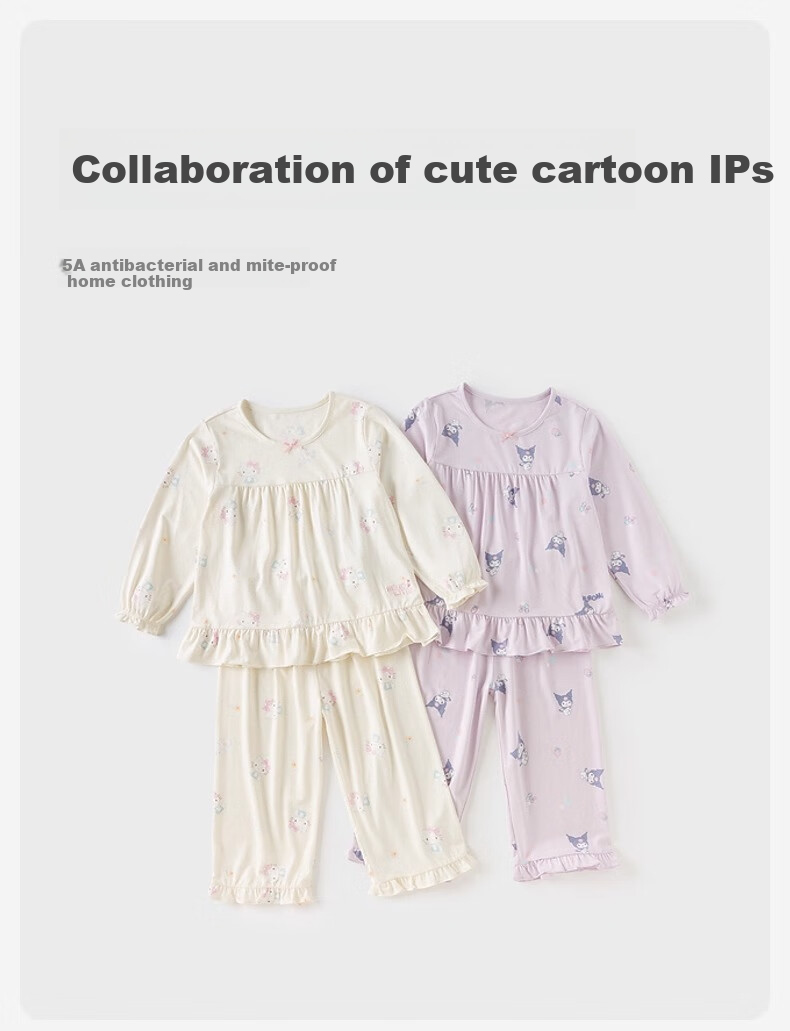 DAVE & BELLA Kuromi Collaboration Girls' Home Wear Set, Big Kids Antibacterial Pajamas, Children's Underwear Two-Piece Set 1