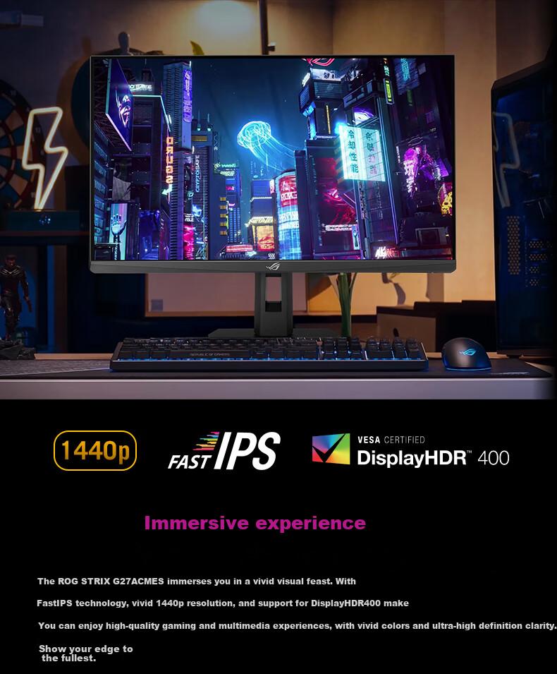 ASUS ROG Zekiller 27 Second Generation XG27ACMES, 27-Inch Monitor, 2K Resolution, 240Hz Gaming Display, Second-Generation Overclockable to 255Hz, HDR400, G-Sync, HDMI 2.1 3