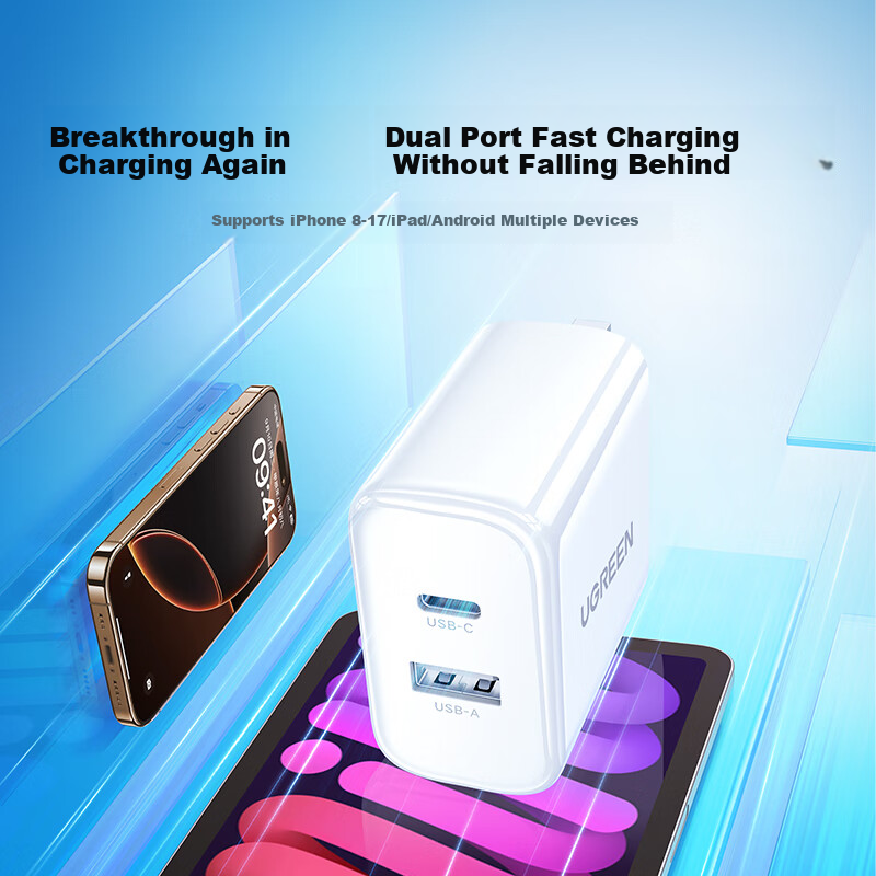 UGREEN PD20W Charger, Dual-Port GaN Fast Charging Adapter, Type-C/USB Quick Charge Plug, Compatible with Apple IPhone 18 Pro Max/17/16 Air Phones And IPad