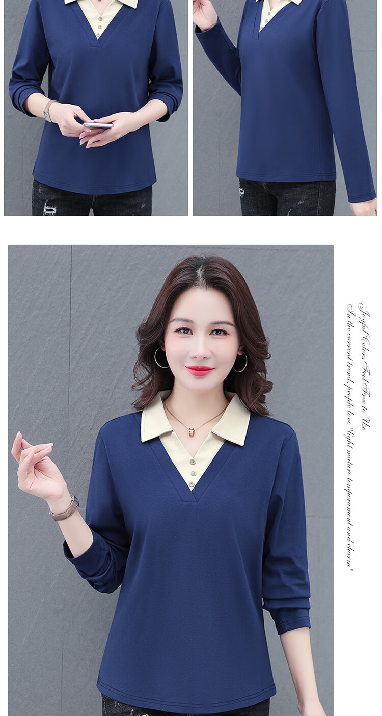 Woodpecker Women's Long Sleeve Polo Shirt Fake Two-Piece Autumn New Large Size Base Shirt Blue 3XL 14