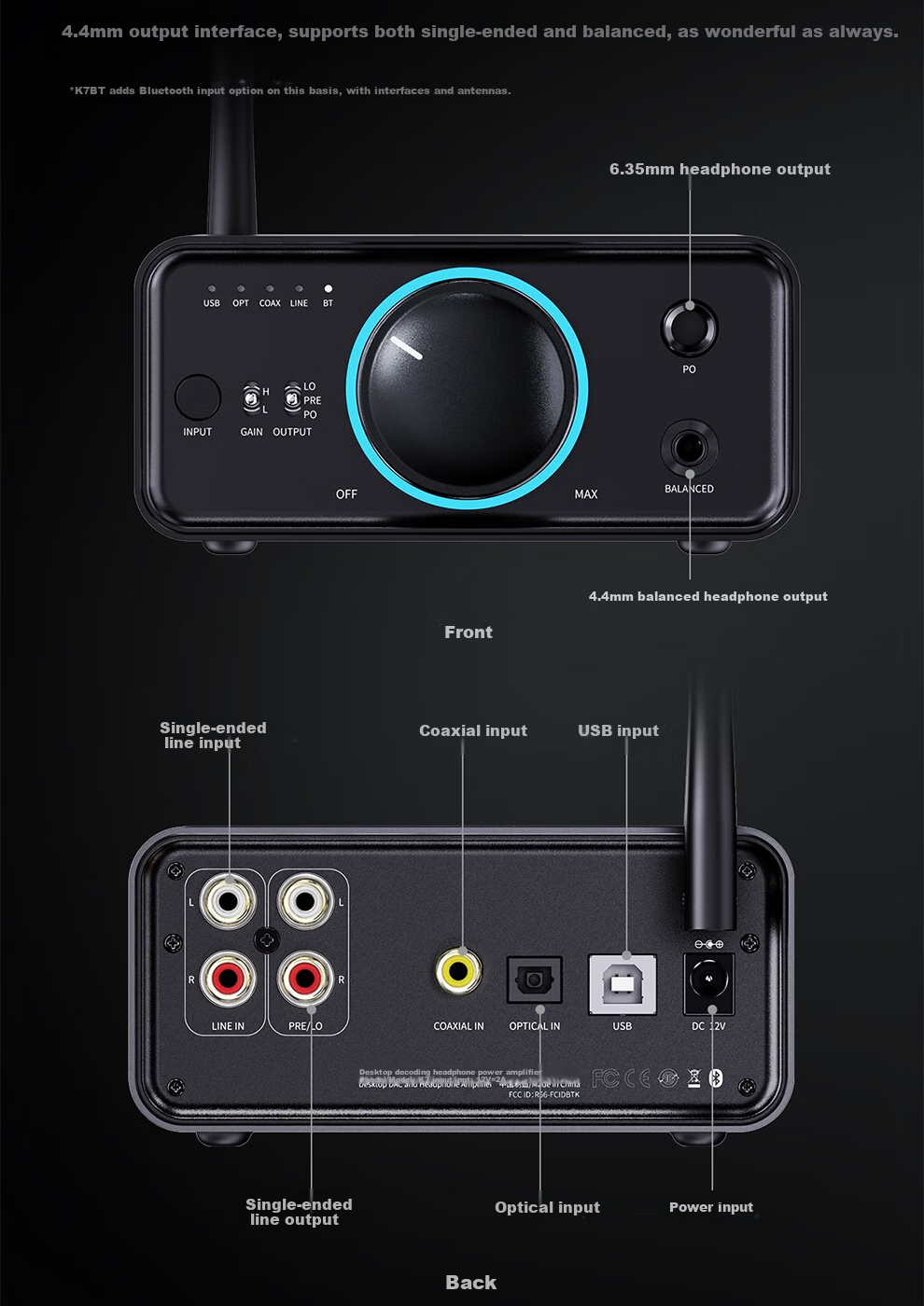 FiiO K7 Desktop Decoding Headphone Amplifier, DSD Decoder All-In Headphone Power Amplifier, HiFi Decoder, Black Decoder 15