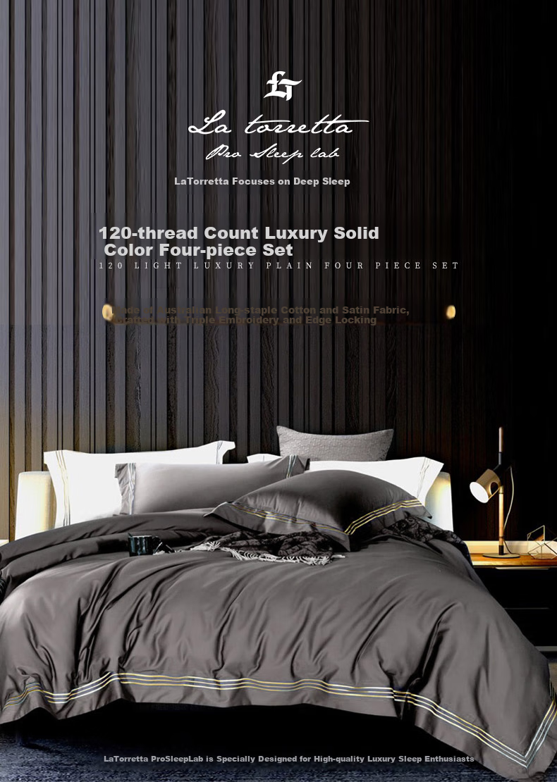 La Torretta 120-Count Long-Staple Cotton Four-Piece Bedding Set, Pure Cotton All-Season High-Quality Bedding with Duvet Cover And Bed Sheet, Gray, for 1.8/2.0 Meter Bed 1
