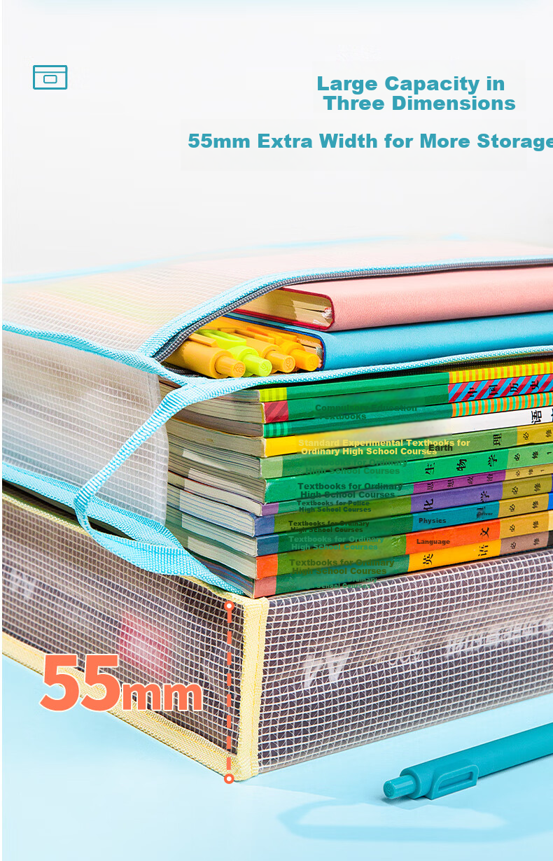 Jindeli A4 Transparent File Folder for Primary And Middle School Students, Subject Classification Pouch with Zipper, Book Homework Exam Paper Storage Bag, Handbag, Stationery Bag, Tutoring Bag, Blue, Includes Label 3