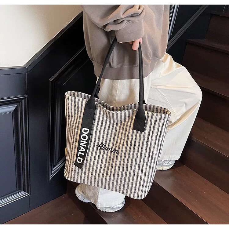 Kelorock Striped Large Capacity Canvas Bag for Women 2025 New Fashion Handheld Shoulder Shopping Tote Casual Commuter Bag 6