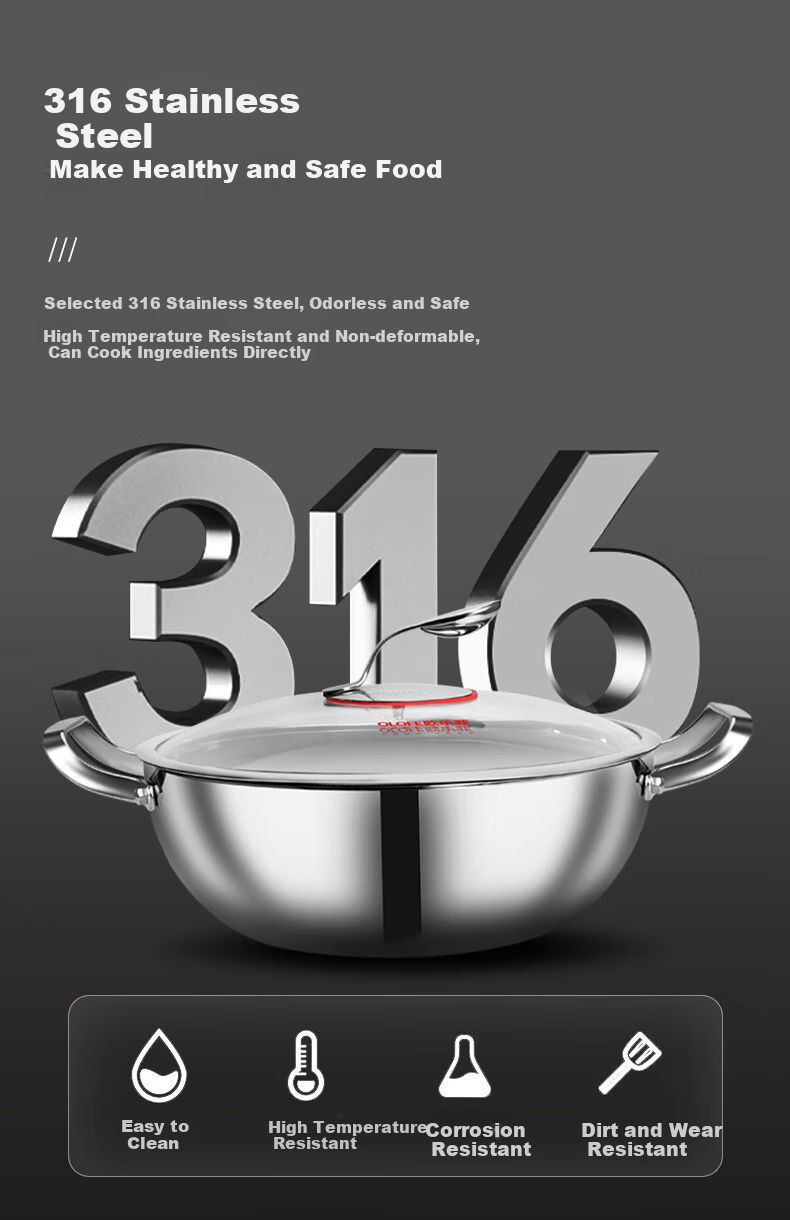 OLOFE Hot Pot Cookware, 316L Stainless Steel Soup Pot, Suitable for Open Flame And Induction Cookers, Baoshi Kangyuanbao Multifunctional Double-Handled Pot, 32CM 3
