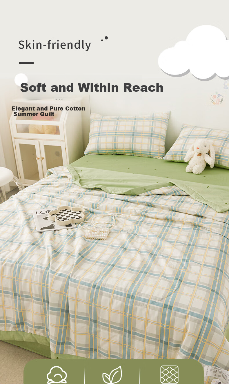 Grace Class A Pure Cotton Fabric Summer Quilt, Air Conditioning Cool Quilt, 2 Jin, 150*200cm, Plaid Patter 1