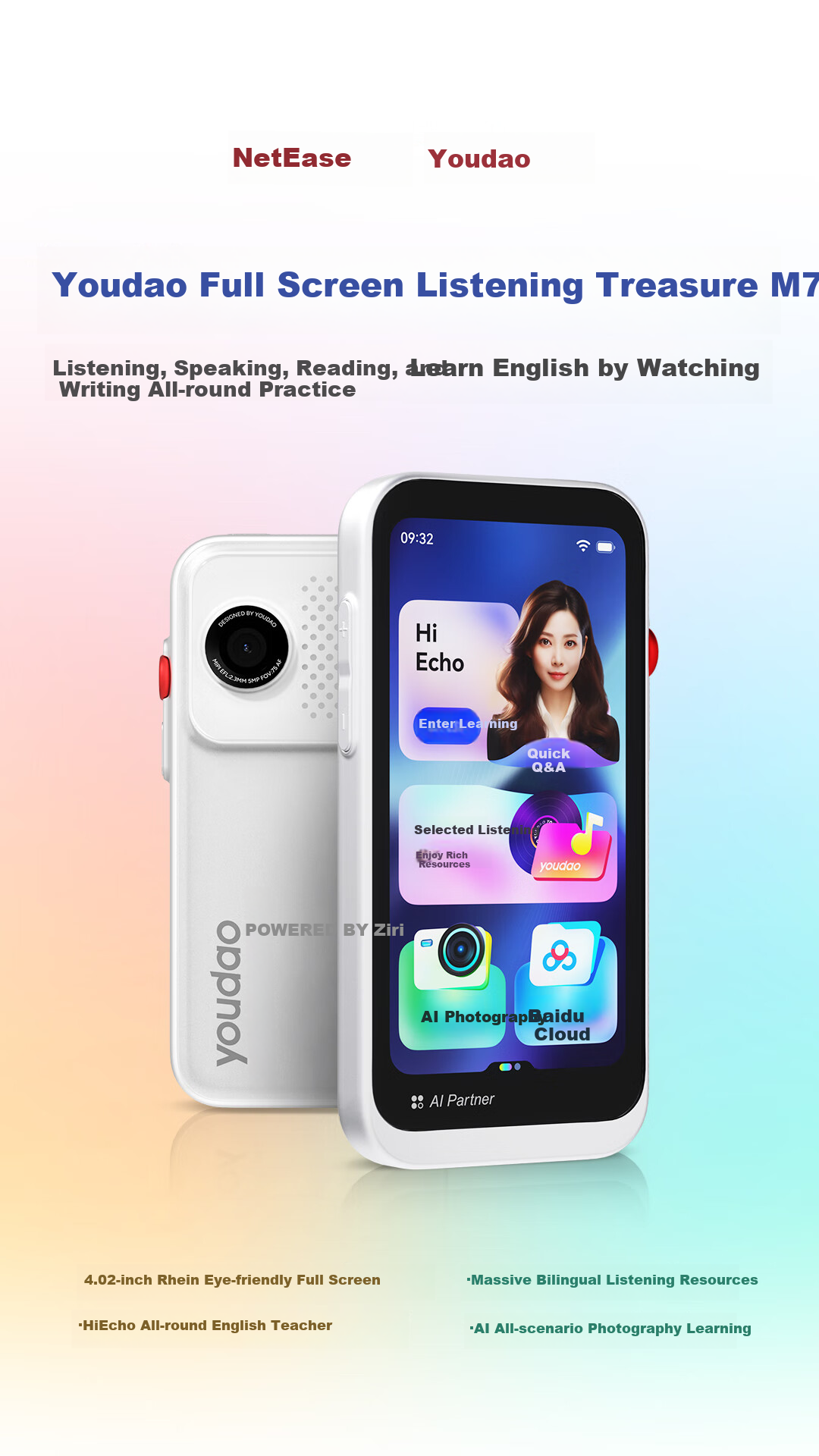 Youdao All-Screen Listening Treasure M7 128GB [Gaokao Original Sound], AI English Learning Device, Audio Player, Vocabulary Machine, Study Aid, Repeater 1