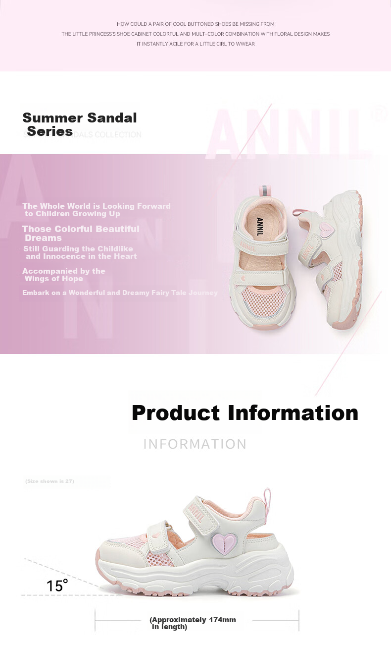 ANNIL Girls' Sandals, Summer New Style, Velcro Closure, Closed-Toe Beach Shoes, Children's Mesh Shoes for Summer, 5303 Light Pink, Size 33 2