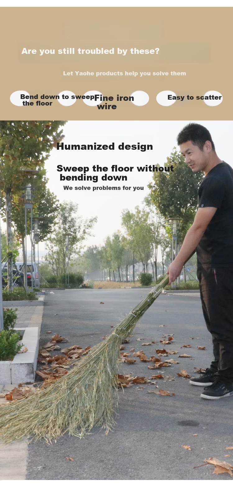 Yaohe Large Traditional Bamboo Broom for Street Sweeping, Courtyard And Outdoor Use, Factory Workshop Special Broom, Integrated Design with Five Pieces Per Set 6