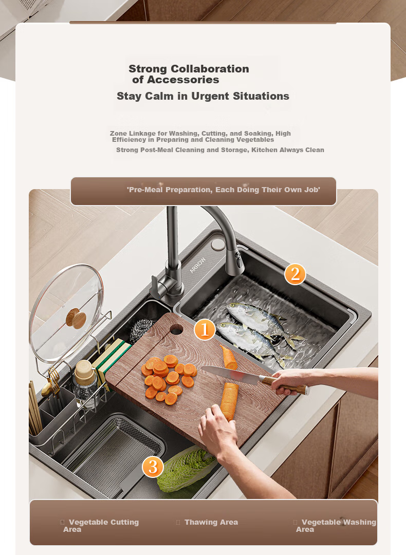 ARROW Kitchen Sink for Small Apartments, Large Single Basin, Nano Textured 304 Stainless Steel Sink for Washing Dishes And Vegetables 6