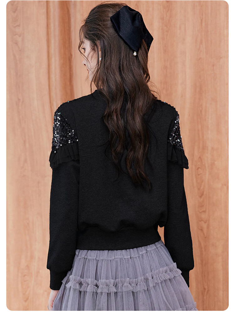 LOUISYAO Sequin Embellished Mesh Splice Sweatshirt 2025 Autumn Winter New Split Hem Fashion Top for Women Gray S 17