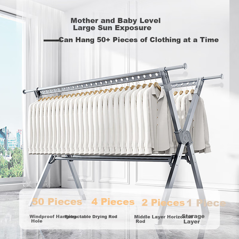 JD Original Floor-Standing Clothes Drying Rack, Aluminum Alloy Extendable Folding, Balcony Quilt Hanger, Thickened Large Capacity