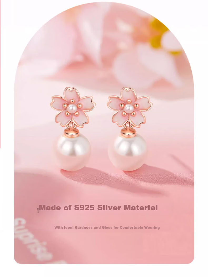 Zhoubaifu Cherry Blossom Pearl Earrings for Women, Elegant Silver Studs, Birthday Gift for Girlfriend Or Wife 6