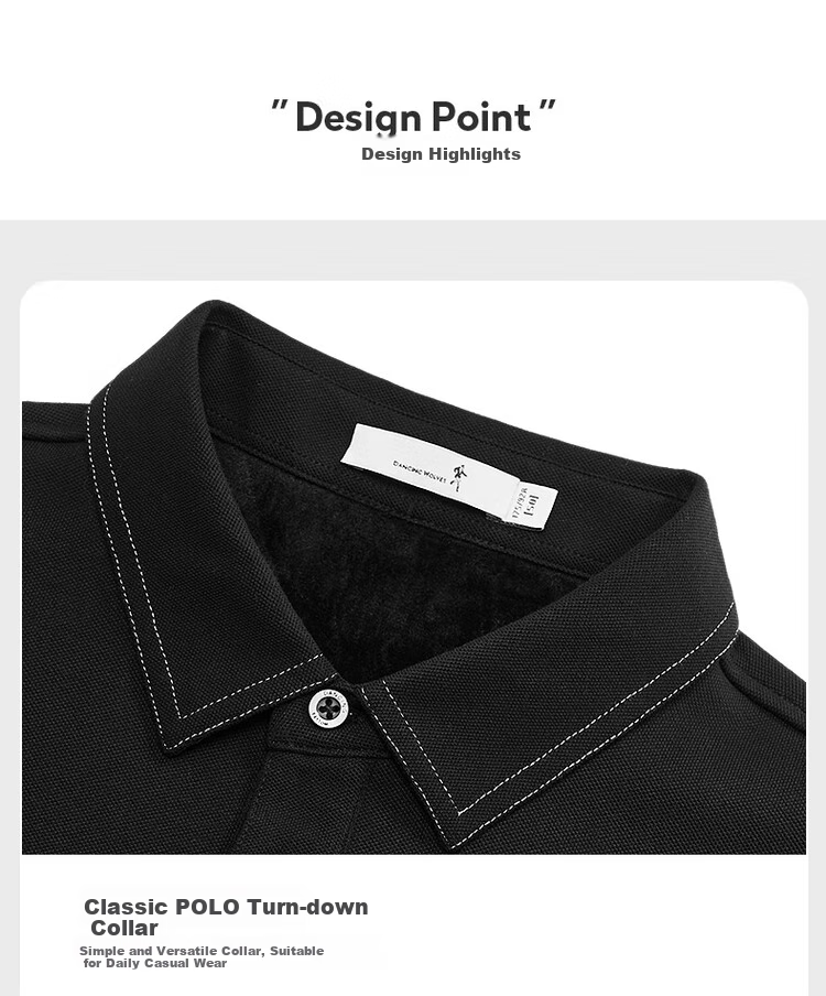 DANCING WOLVES [Fleece-Lined for Warmth] Autumn And Winter Fashionable Stitched Design Men's Long-Sleeve POLO Shirt, 001 Black, Size 175 6
