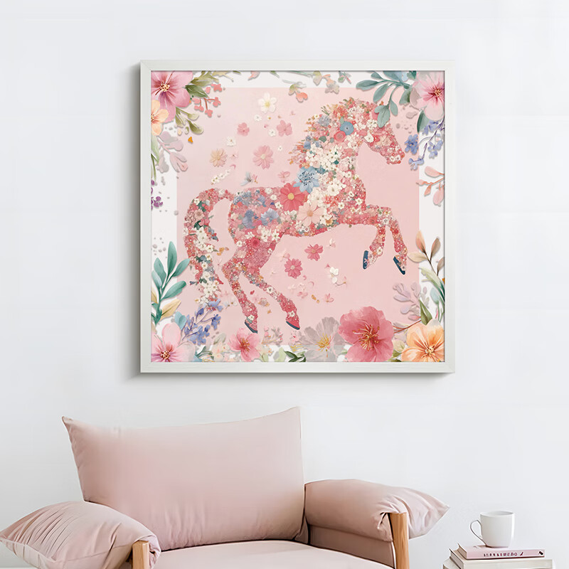 Yinghao Cream Style Living Room Sofa Background Wall Decorative Painting Blossoming Flowers and Galloping Horses Faux Silk Texture Square Wall Art