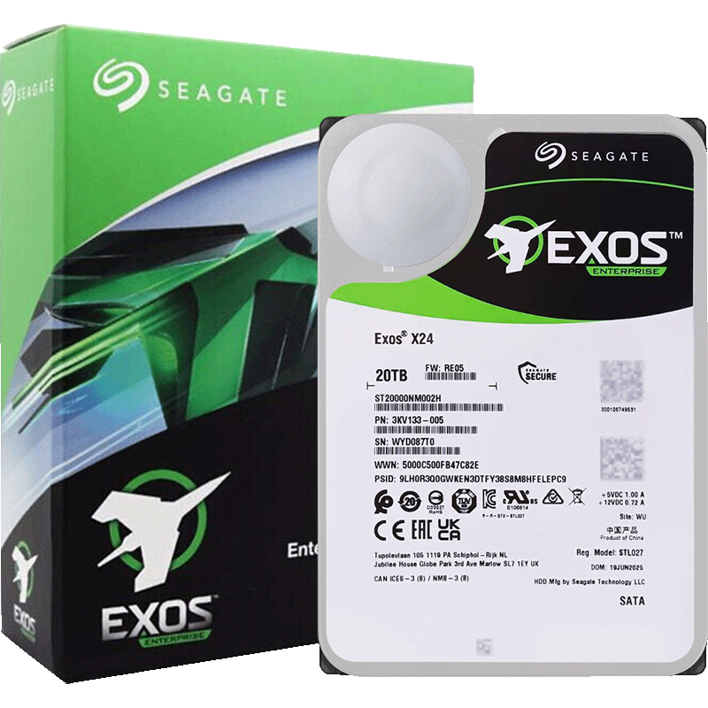 SEAGATE Enterprise Hard Drive 20TB 512MB 7200RPM CMR Vertical SATA Exos X24 Series Server HDD ST20000NM002H