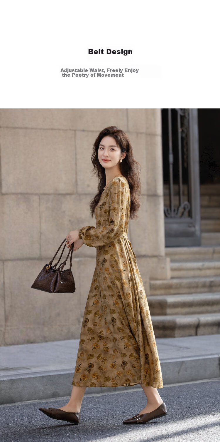 Dme [Retro Garden] Autumn French Floral Waist-Cinching X-Shaped Elegant Petite Adjustable Belt Dress for Wome 4