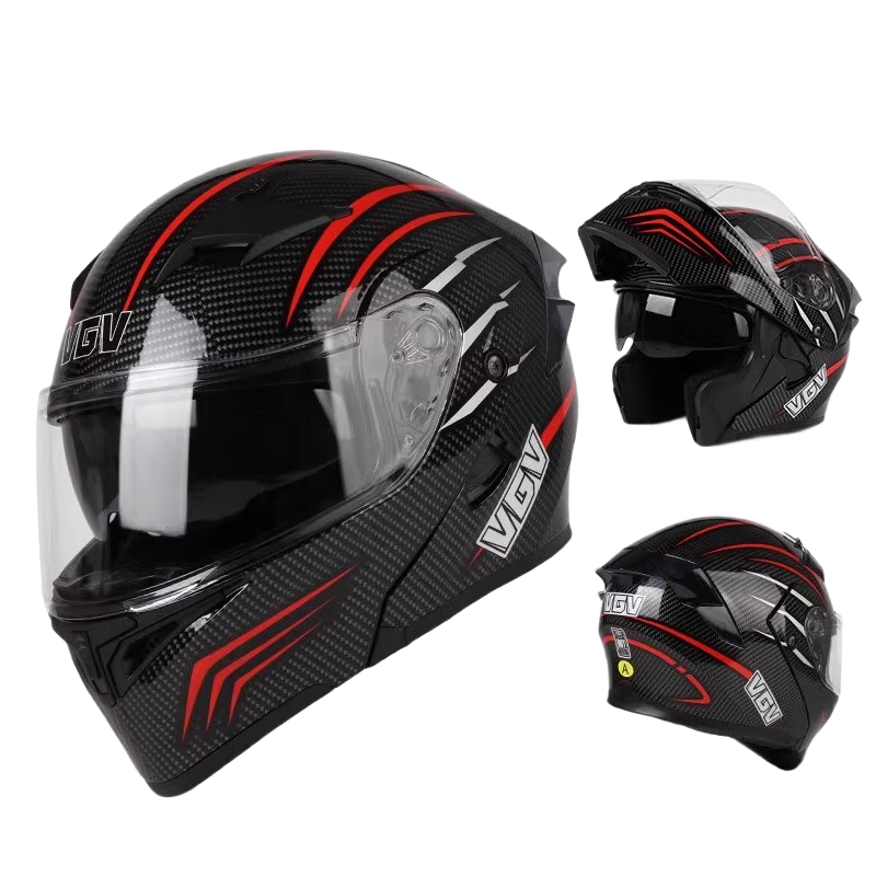 VGV Motorcycle Helmet 3C Certified Full Face Four Seasons Warm Double Lens Flip-up Helmet Speed Carbon Fiber L