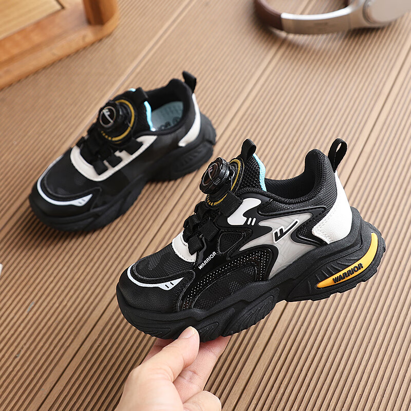 Warrior Boys' Running Shoes Breathable Dial Buckle Comfortable Sports Shoes WZ(CL)-0763 Black Beige Size 35