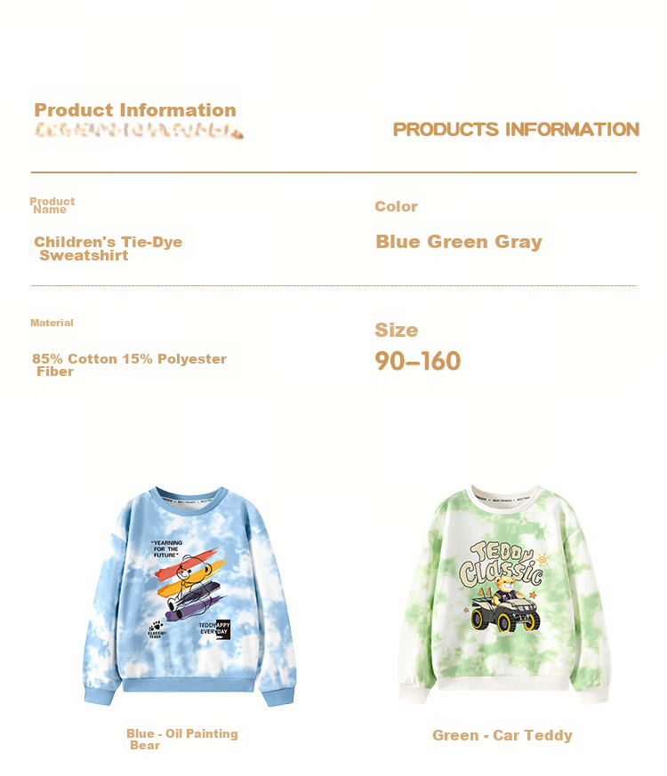 Classic Teddy Boys' Sweatshirt, Casual Undershirt for Older Children, Autumn Wear with Tie-Dye Design, Gray, Size 90 8