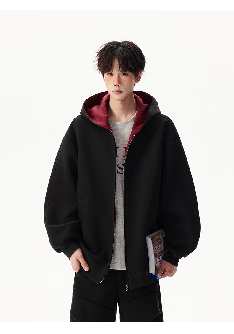 Foss Phil Men's Autumn Winter American Style Hoodie Double Zipper Colorblock Couple Zip-up Jacket 5Q1083 Black XL 11