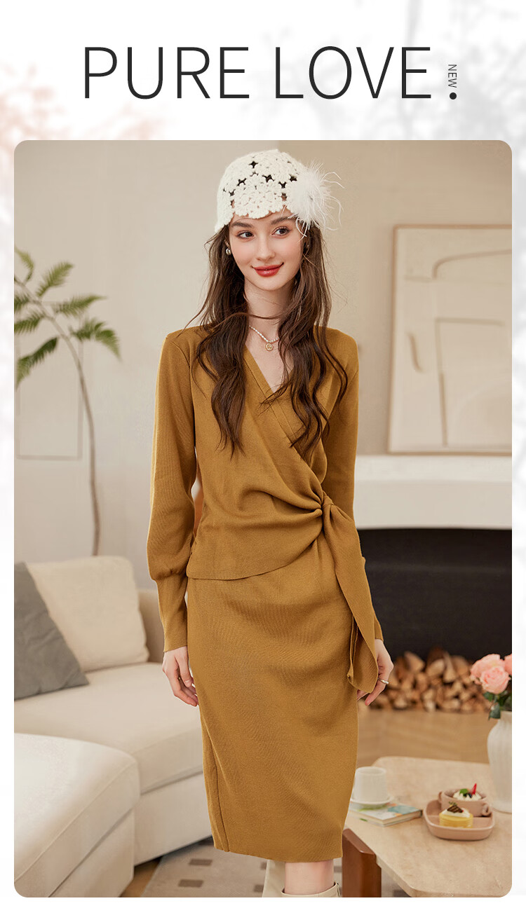LOUISYAO Spring Autumn V-Neck Tie Design Slim Fit Slightly Stretchy Mid-Length Elegant Knit Dress Dark Coffee S 1