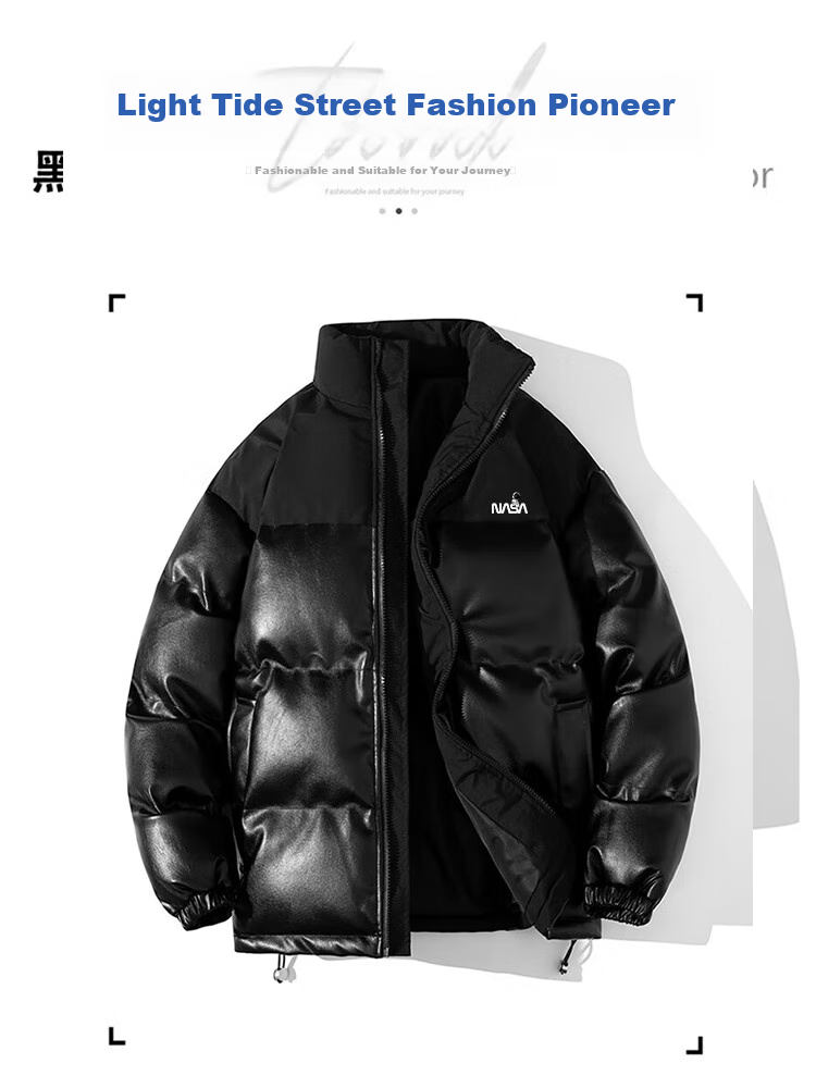 NASA MARVEL Cotton Jacket for Men, Winter Coat, Thickened Trendy PU Leather Brand Cotton Coat, Couple's Stand-Collar Warm Outerwear, Black, 2XL 8