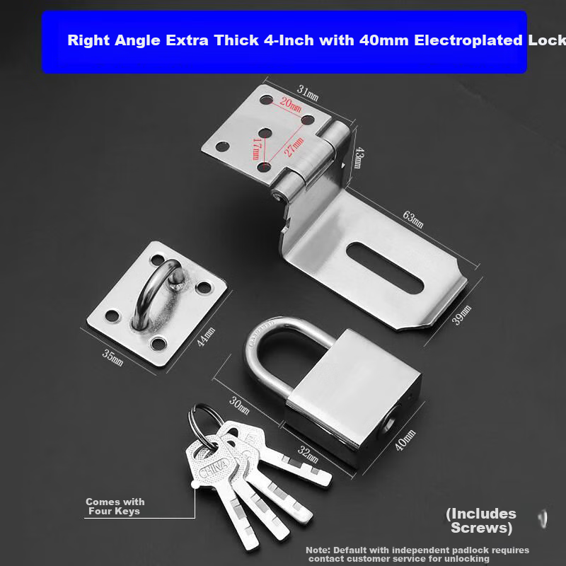 Chugong Thickened Stainless Steel Lock Latch Bolt Door Bolt Old-Style Padlock Hasp Door Nose Right Angle Lock Latch with 40 Padlock 2