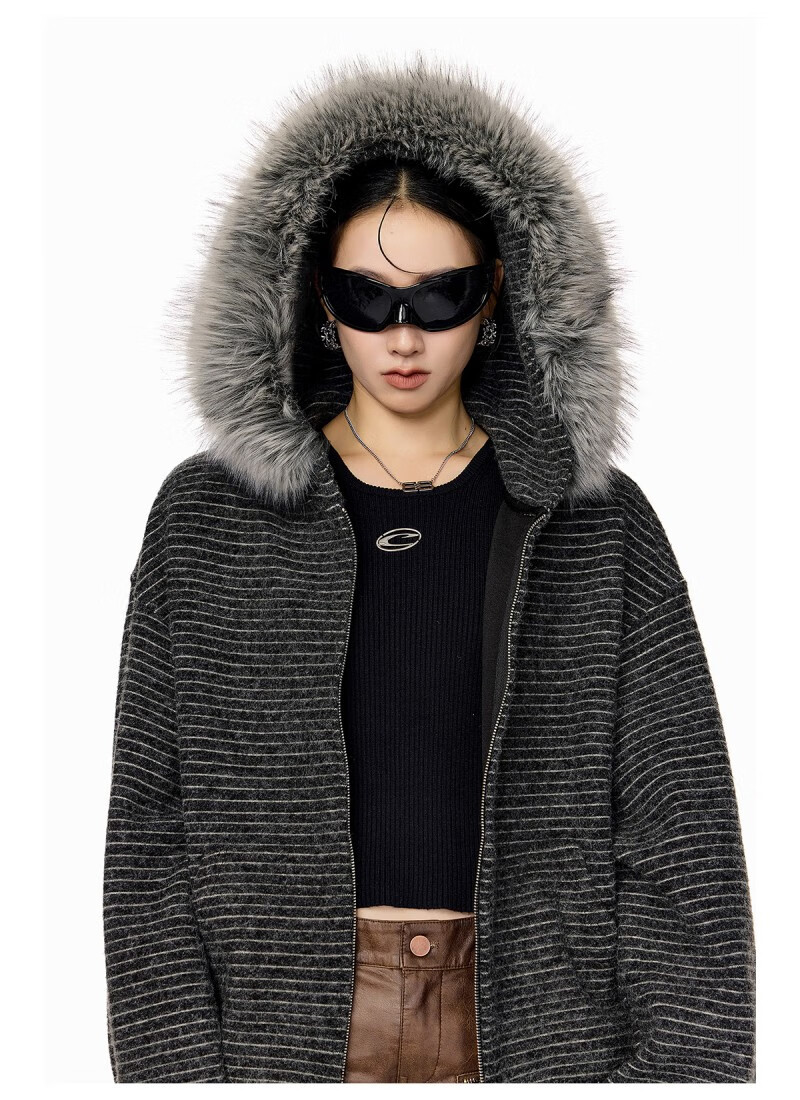 ICH MODE Women's American Style Hooded Striped Jacket with Fur Collar Autumn Winter New Zip-up Sweatshirt Cardigan Black M 13
