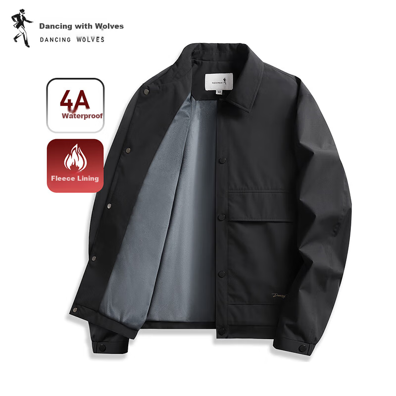 DANCING WOLVES [4A Grade Waterproof] Workwear Lapel Outdoor Waterproof Jacket Fleece-Lined Coat for Men, 001 Black, 2XL (185)