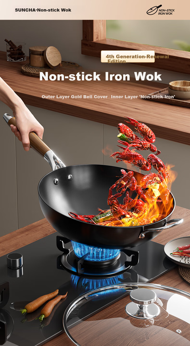 Suncha Iron Wok, High-Purity Pure Iron Non-Coated Non-Stick Pan for Stir-Frying, Compatible with Gas And Induction Stoves, 32cm, Pre-Seasoned 1