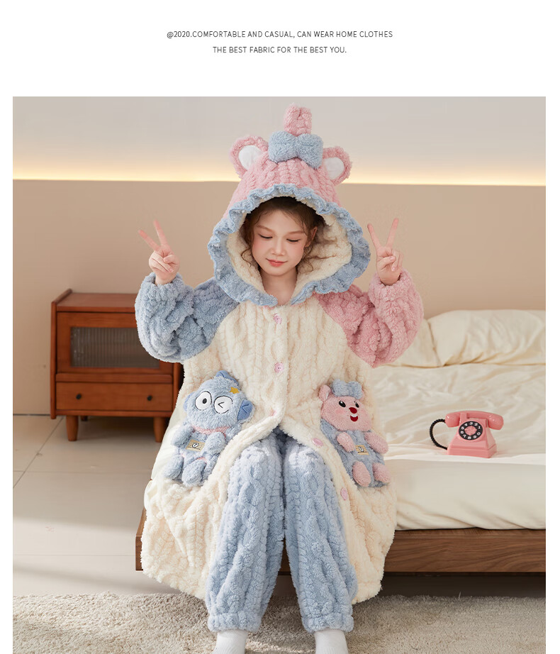 MiiOW Coral Fleece Children's Bathrobe Autumn Winter Thickened Plush Cartoon Warm Homewear for Girls 2025 New Style 3